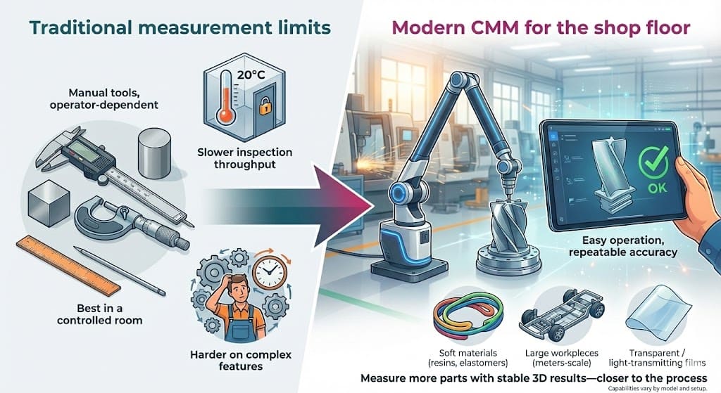 Comparison of traditional manual measurement limits and a shop-floor CMM with easy operation and repeatable 3D results