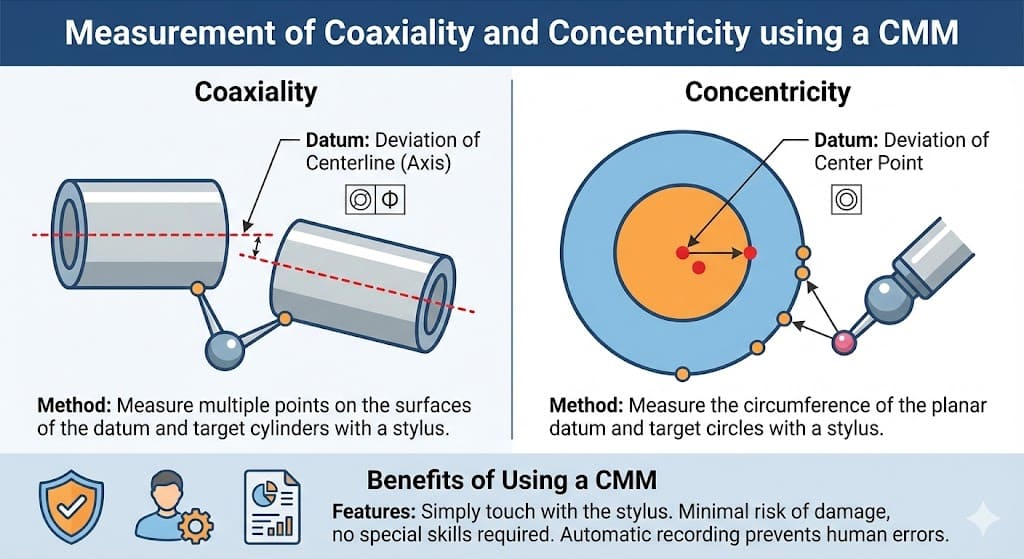Infographic comparing Coaxiality and Concentricity measurement using a Coordinate Measuring Machine (CMM)